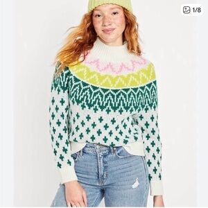 Old Navy Women's Fair Isle Mock Neck Colorful Cropped Sweater Size Small